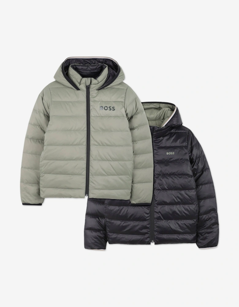 BOSS Boys Reversible Down Padded Puffer Jacket in Green
