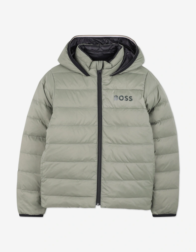 BOSS Boys Reversible Down Padded Puffer Jacket in Green