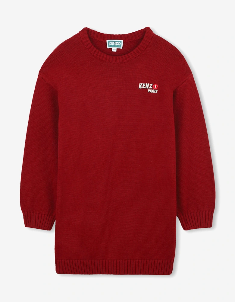 Girls Paris Flower Logo Knitted Dress in Red