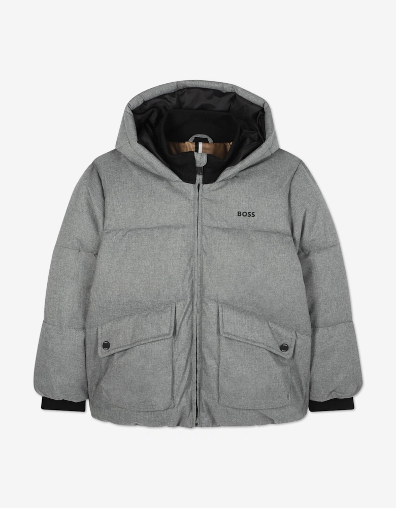 BOSS Boys Flannel Effect Puffer Jacket in Grey