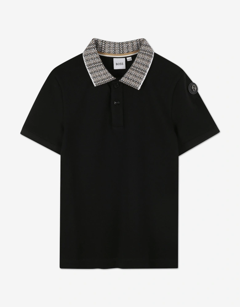 BOSS Boys Jacquard Collar Polo Shirt in Black