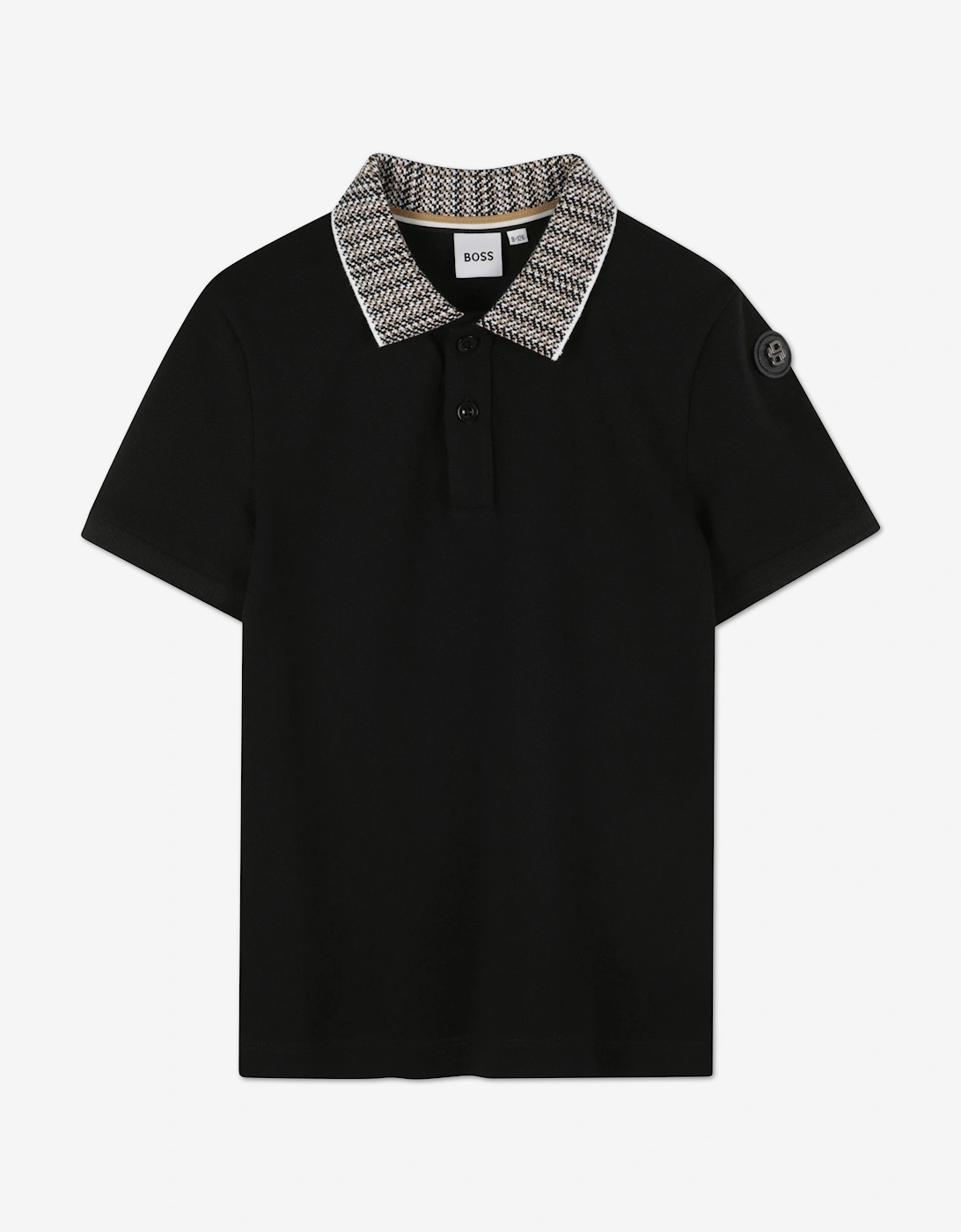 BOSS Boys Jacquard Collar Polo Shirt in Black, 5 of 4