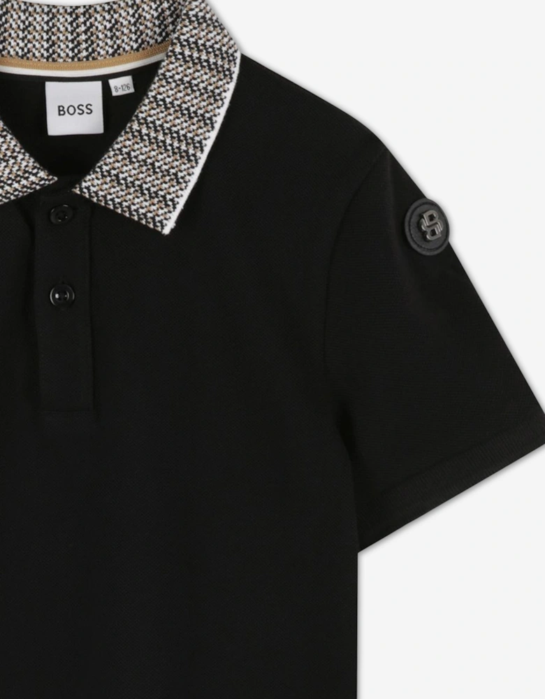 BOSS Boys Jacquard Collar Polo Shirt in Black