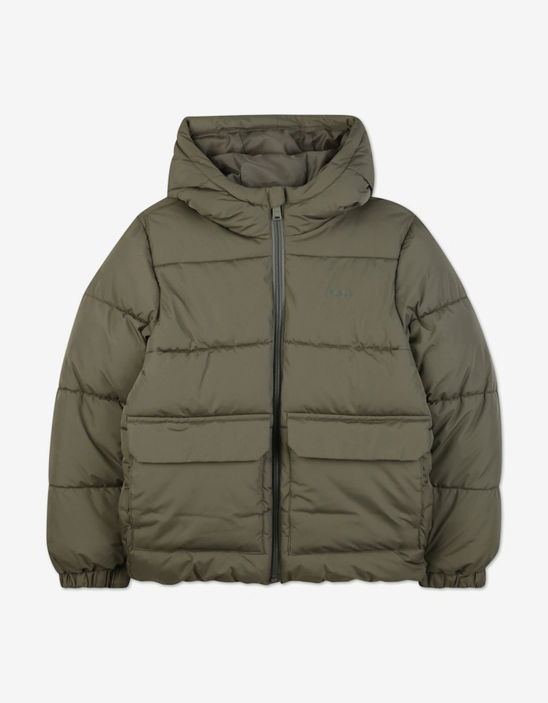 BOSS Boys Hooded Puffer Jacket in Green