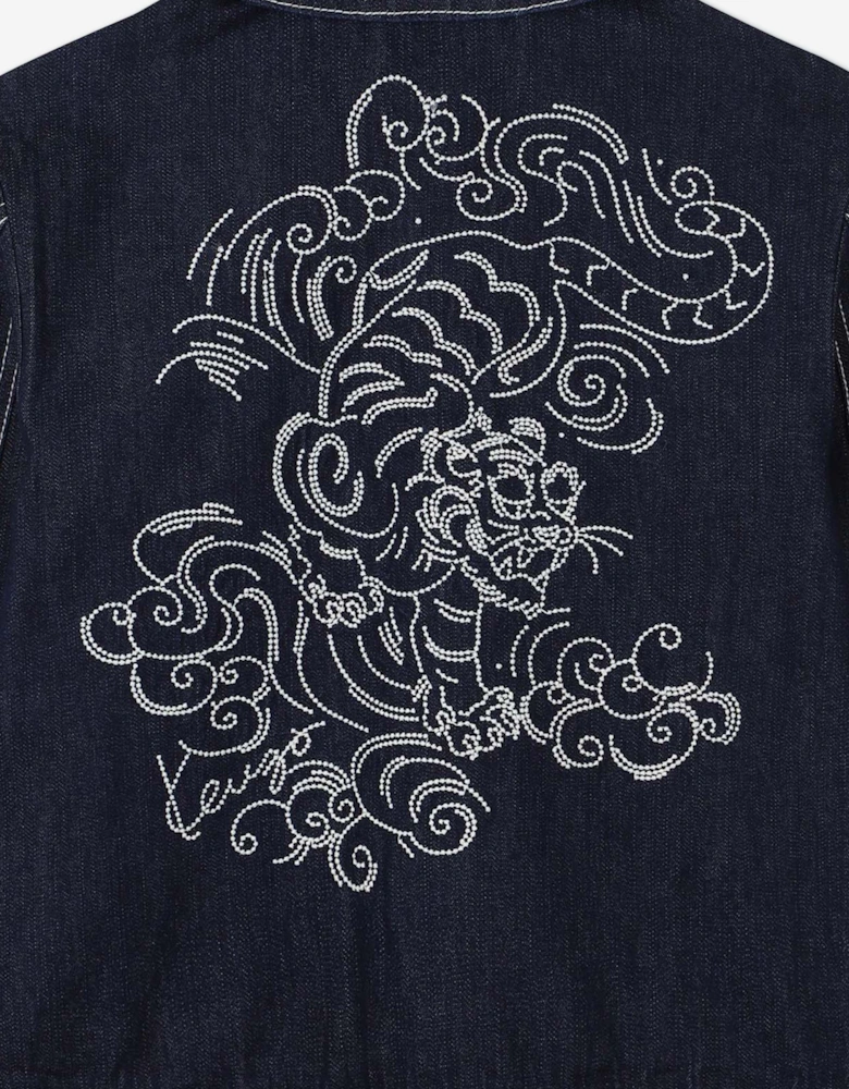 Girls Embroidered Tiger Denim Jacket in Blue