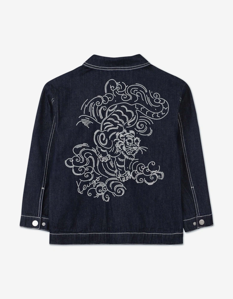 Girls Embroidered Tiger Denim Jacket in Blue