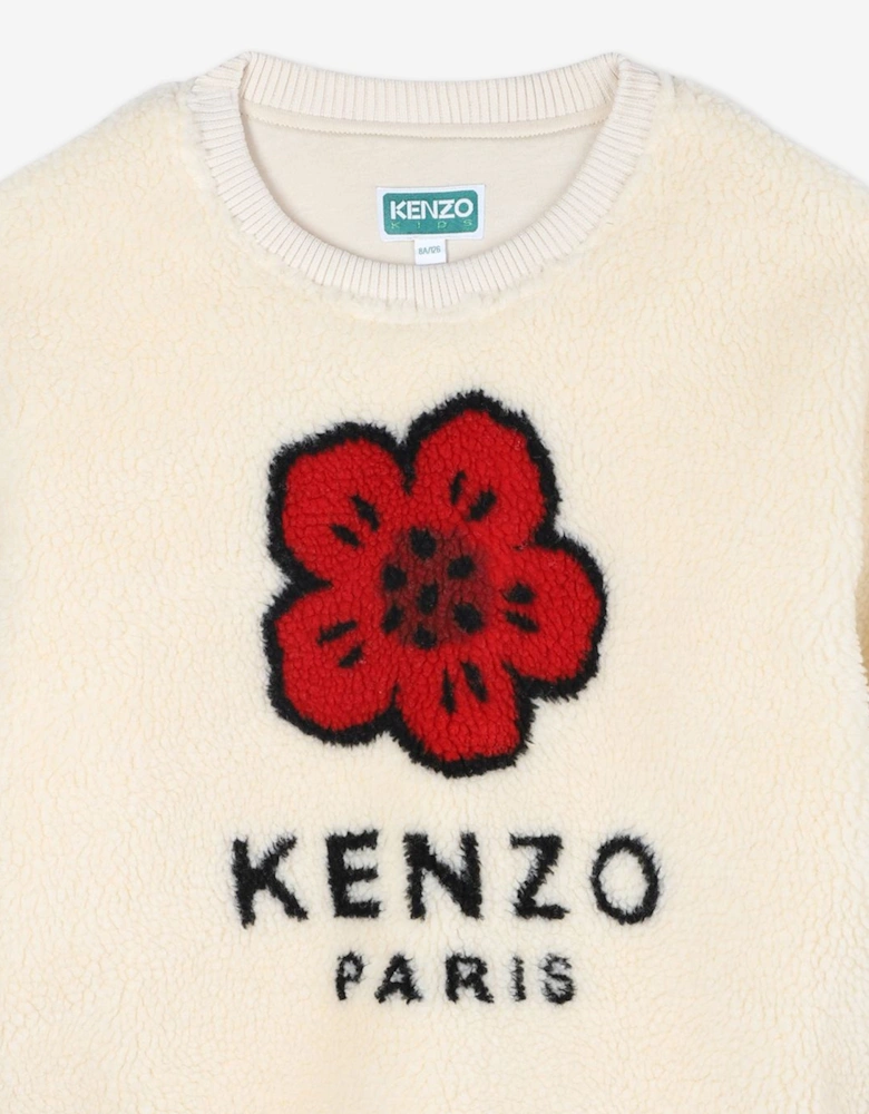 Girls Faux Shearling Flower Sweatshirt in Ivory
