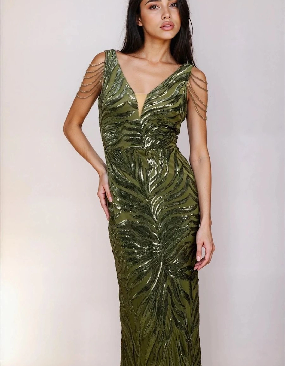 Khaki Sequin Fishtail Maxi Dress, 2 of 1