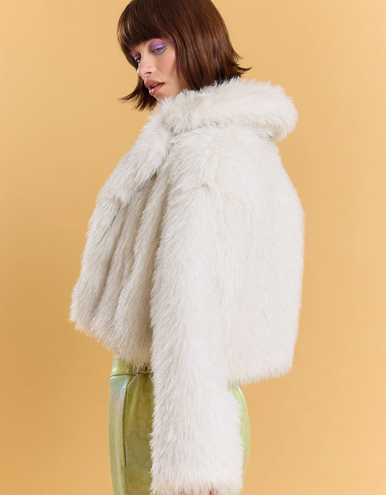 White Bamboo Sparkle Faux Fur Jacket