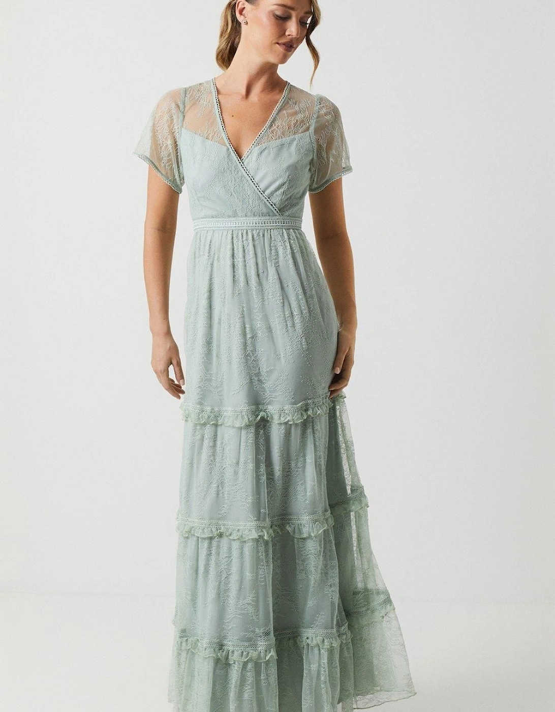 Delicate Lace Trim Insert Tiered Maxi Bridesmaid Dress, 2 of 1