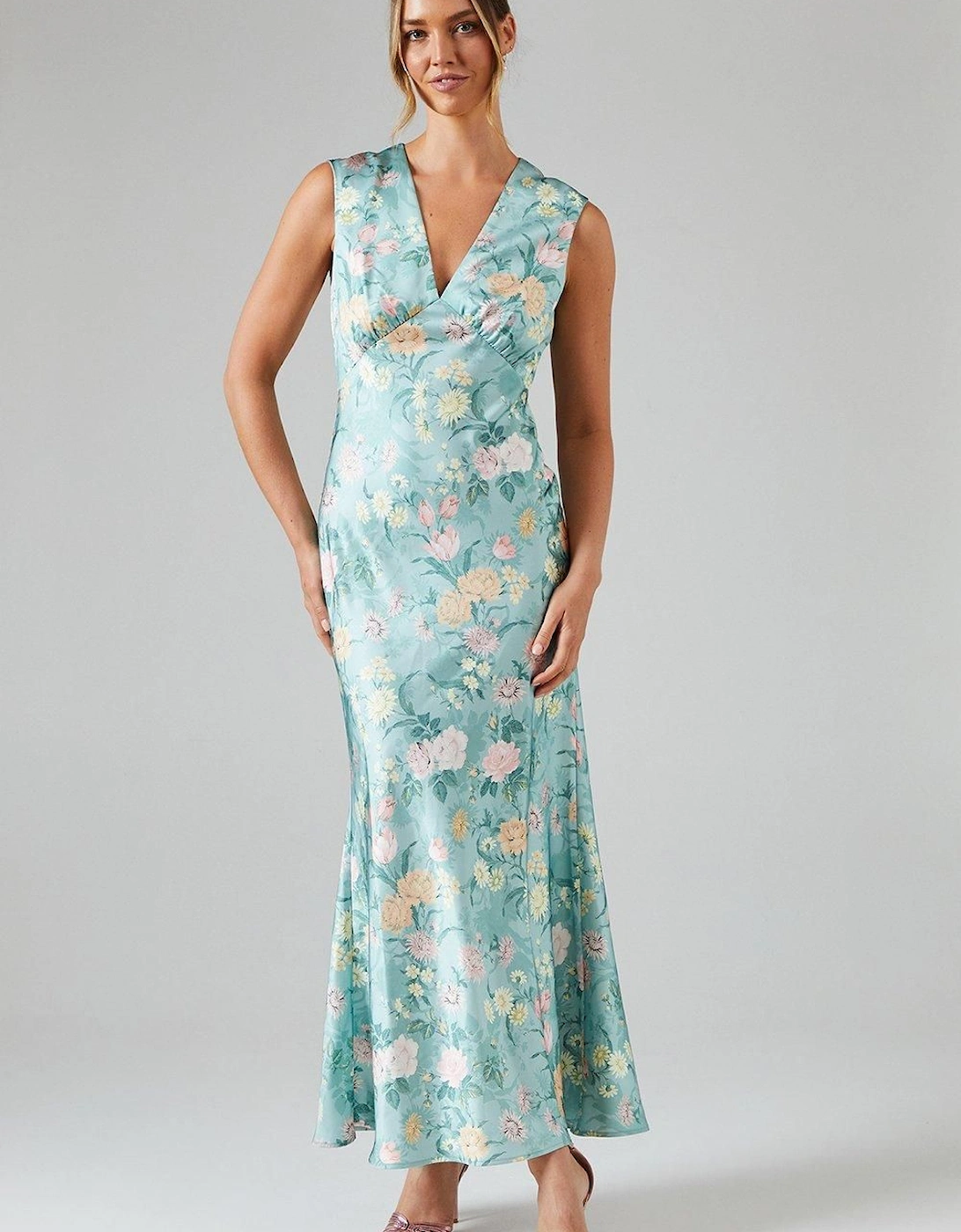 Winter Rose Printed Satin V Neck Maxi Bridesmaid Dress, 2 of 1
