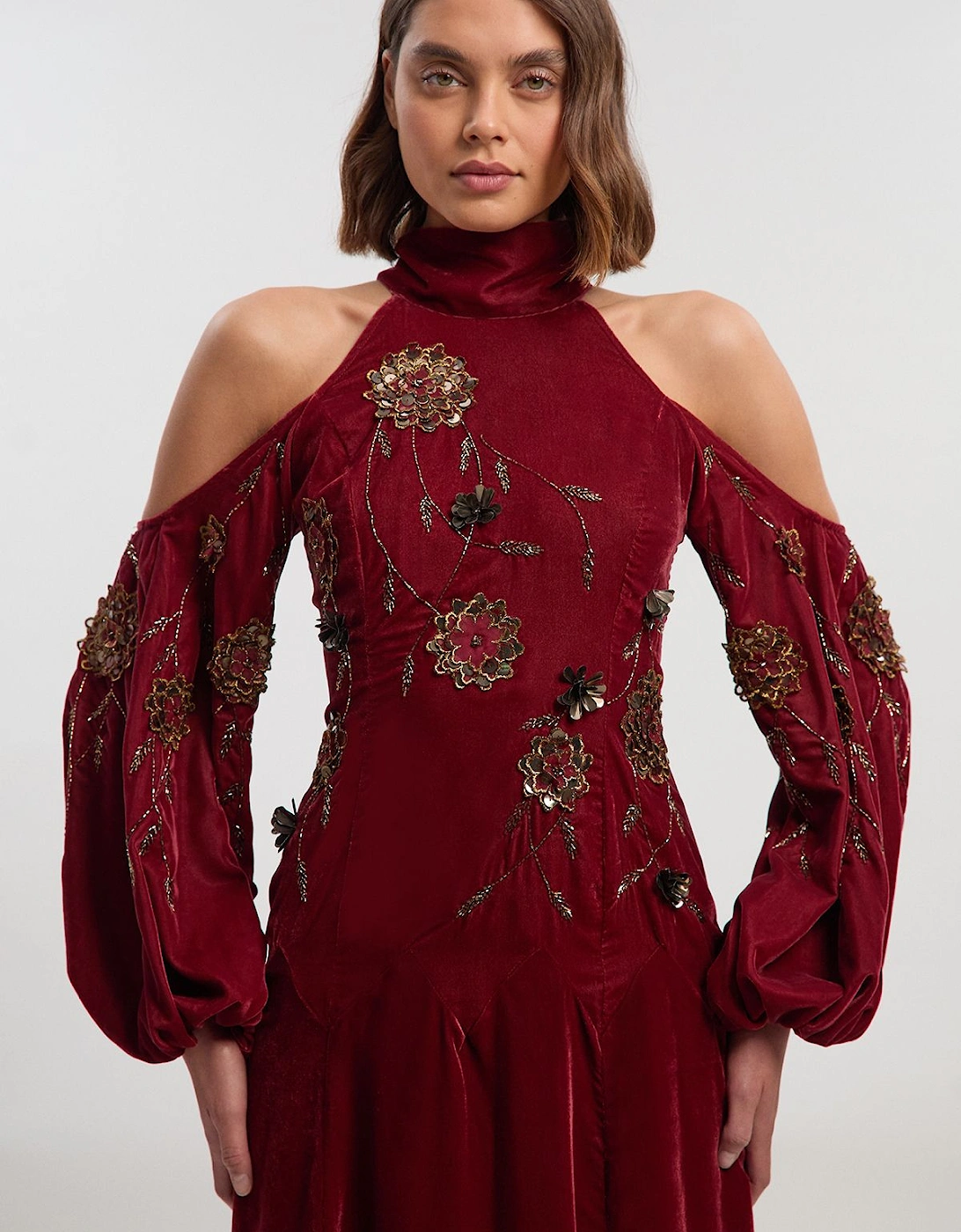 Velvet Cold Shoulder 3D Floral Applique Woven Maxi Dress, 2 of 1