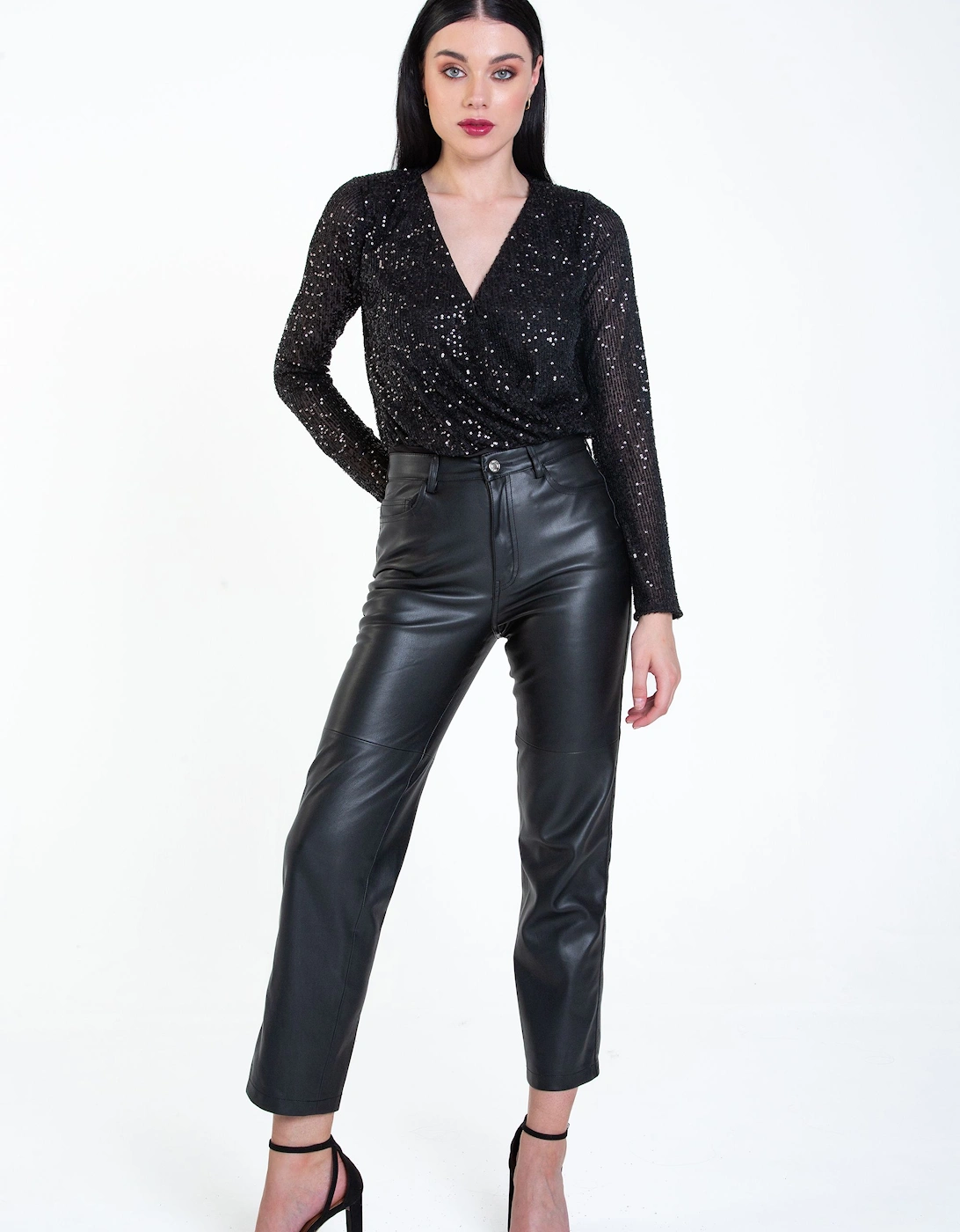 Black Sequin Wrap Long Sleeves Bodysuit, 2 of 1