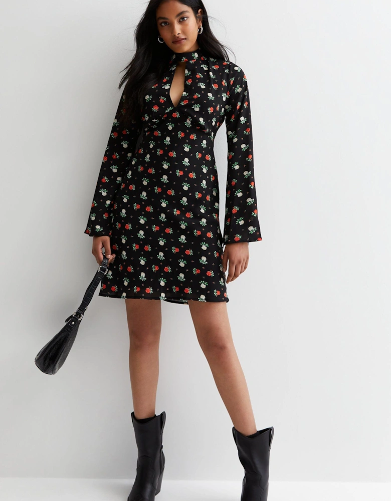 Black Rose Print Flared Sleeve Mini Dress
