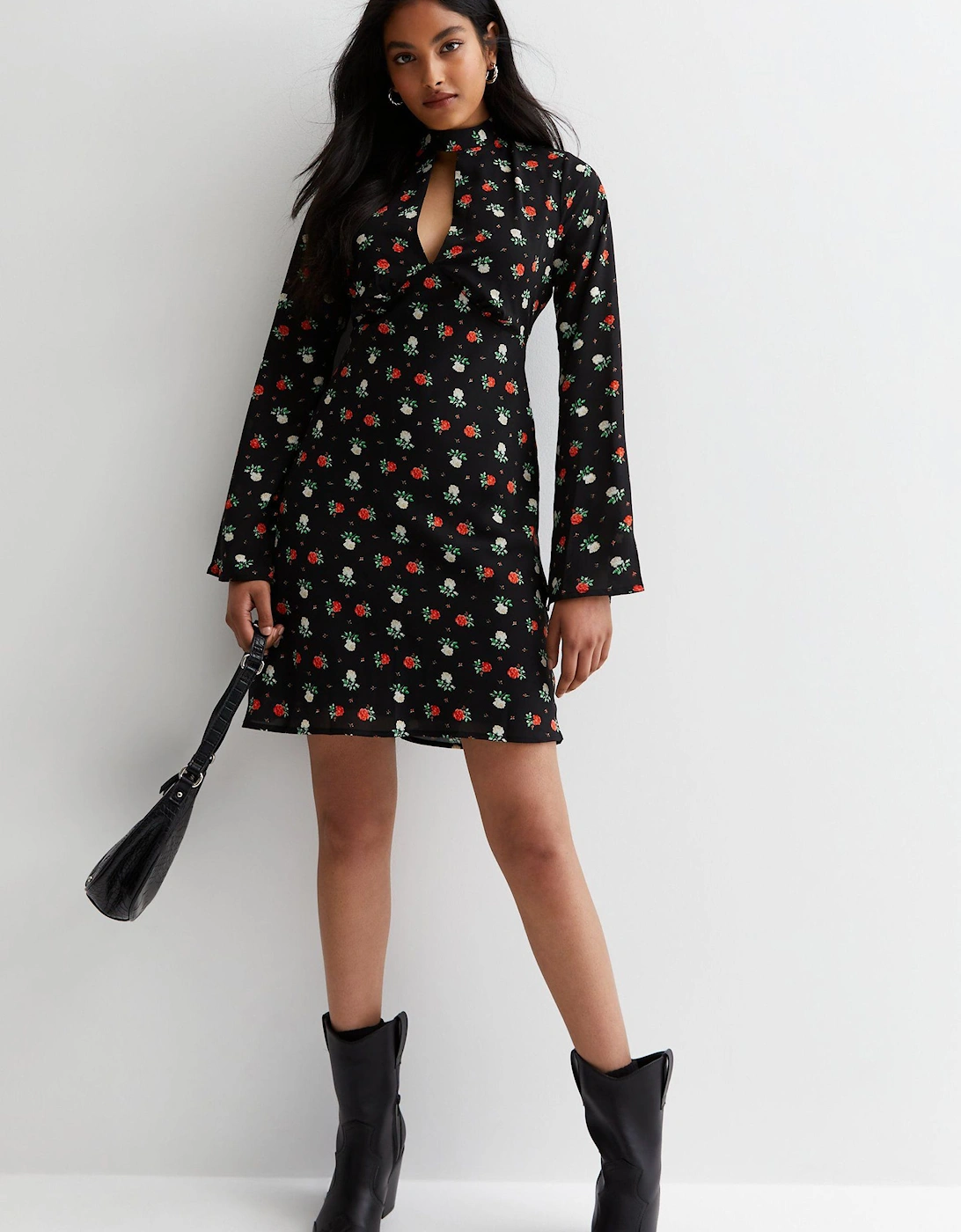 Black Rose Print Flared Sleeve Mini Dress, 2 of 1