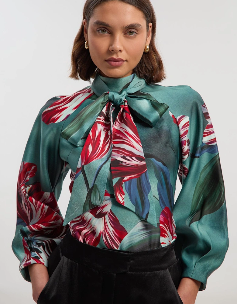 Photographic Floral Heavy Satin Balloon Sleeve Woven Blouse