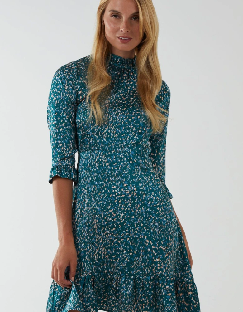 High Neck Mini Dress With Ruffle Neck