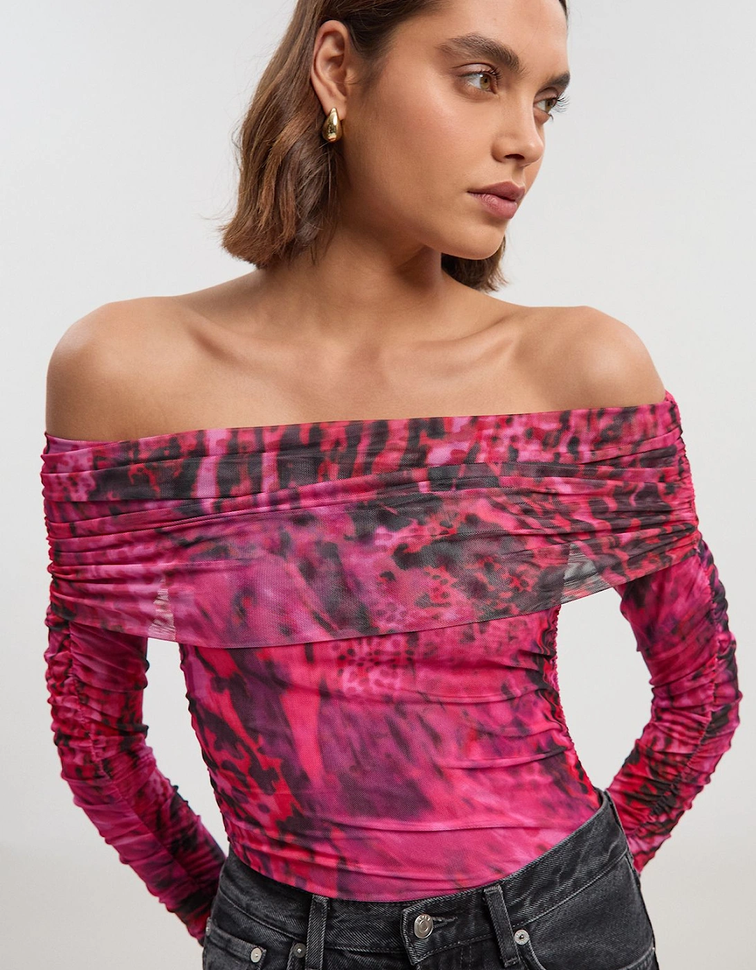 Animal Print Off The Shoulder Ruched Bodysuit, 2 of 1