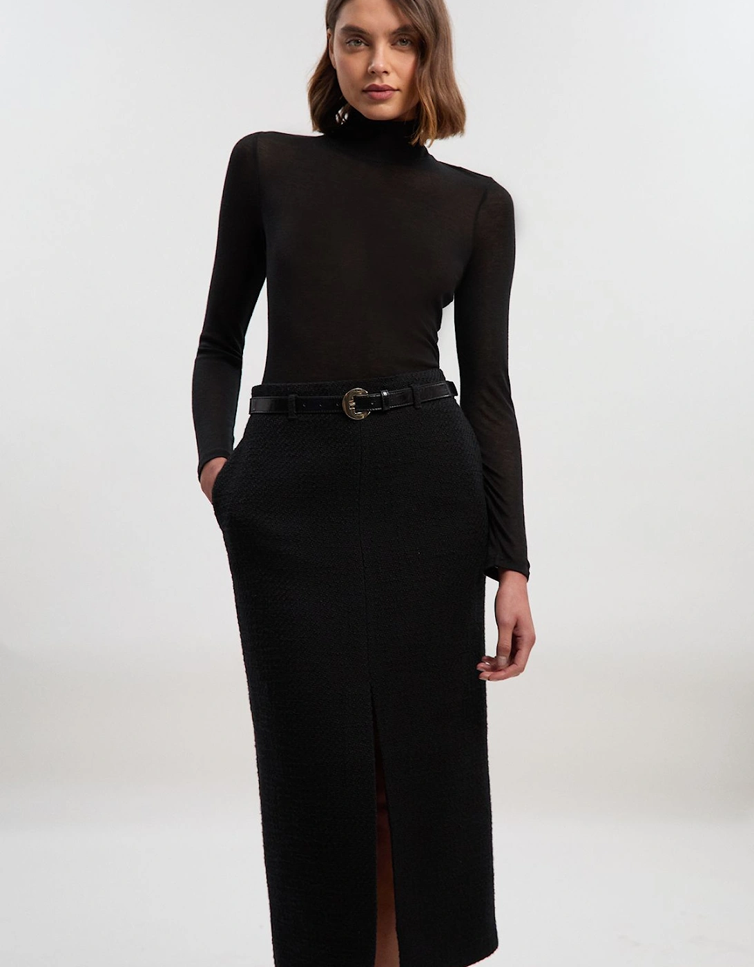 Petite Textured Tweed Tailored Belted Pencil Skirt, 2 of 1