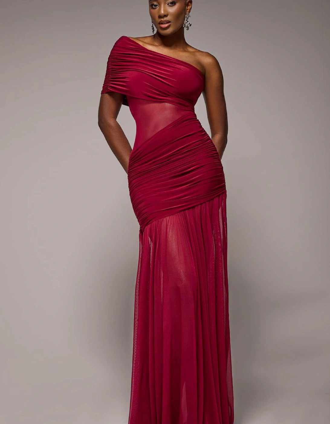 Gathered One Shoulder Sheer Panel Maxi Dress, 2 of 1