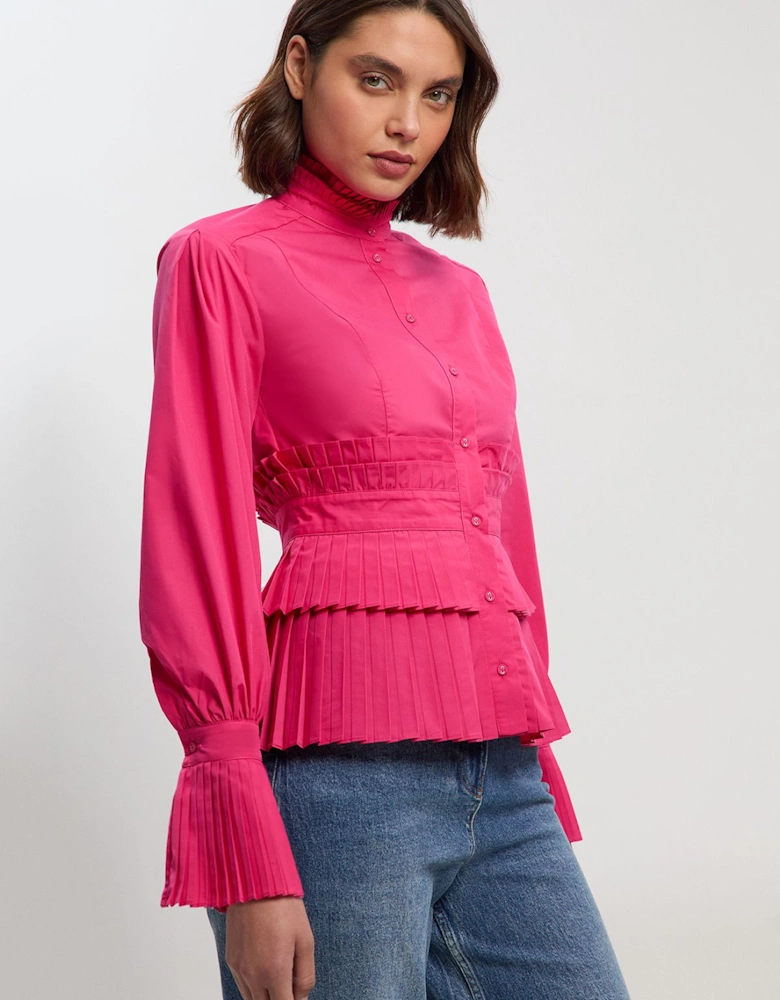 Cotton Poplin Tiered Ruffle Detail Long Sleeve Woven Blouse