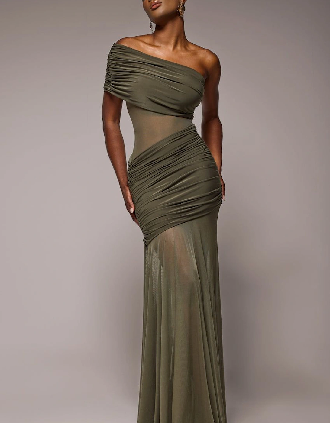 Gathered One Shoulder Sheer Panel Maxi Dress, 2 of 1