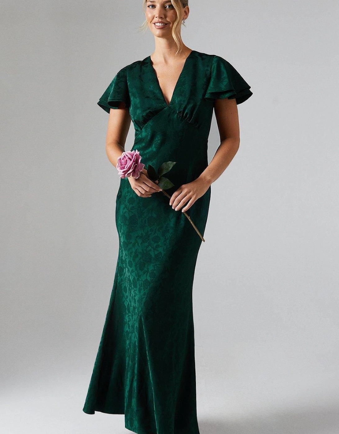 V Neck Angel Sleeve Satin Jacquard Bridesmaid Dress, 2 of 1