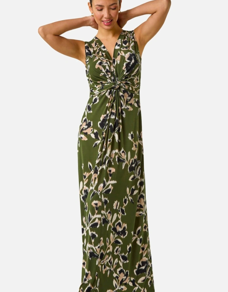 Leaf Print Twist Front Maxi Dress