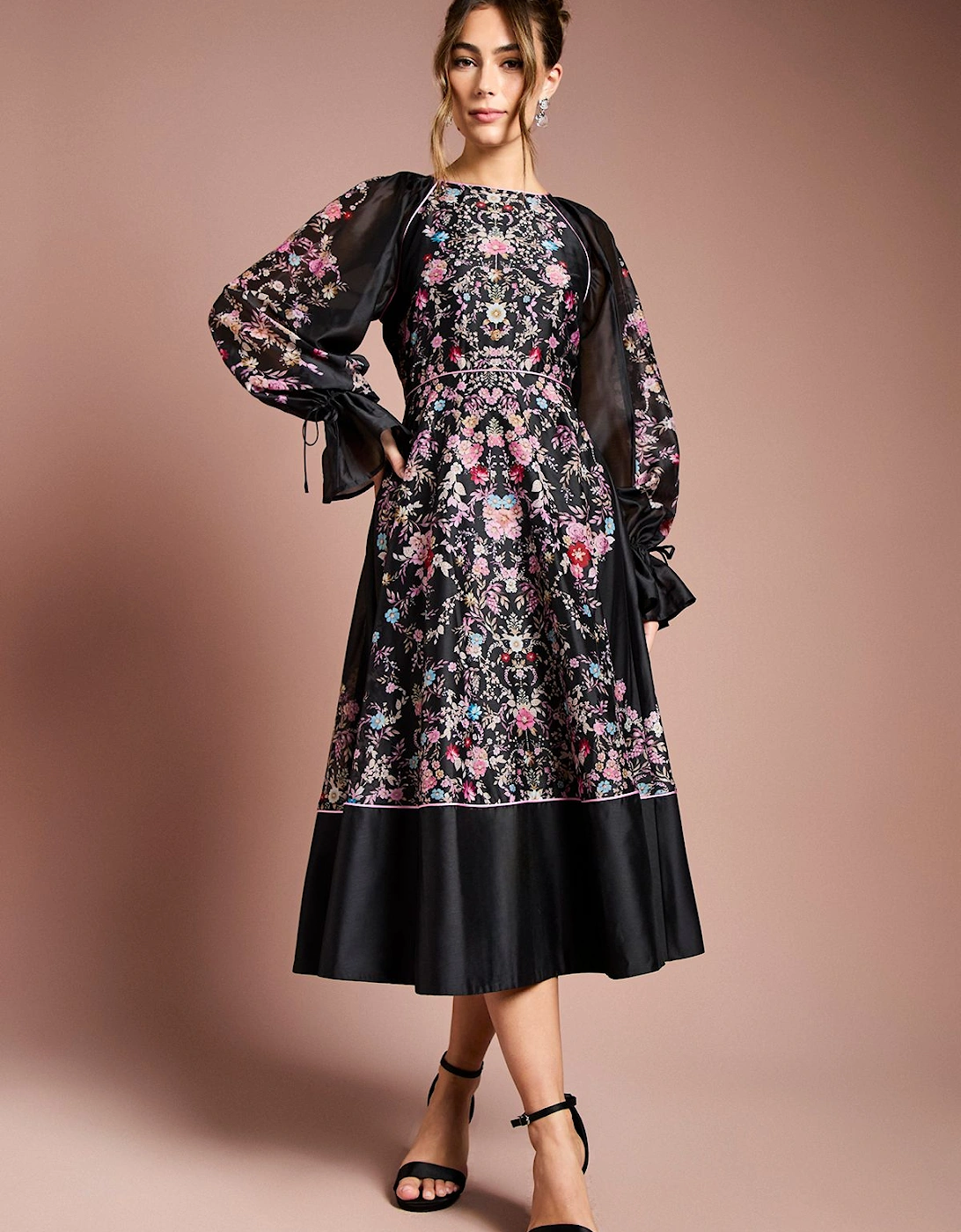 Placement Print Long Sleeve Organza Midi Dress, 2 of 1