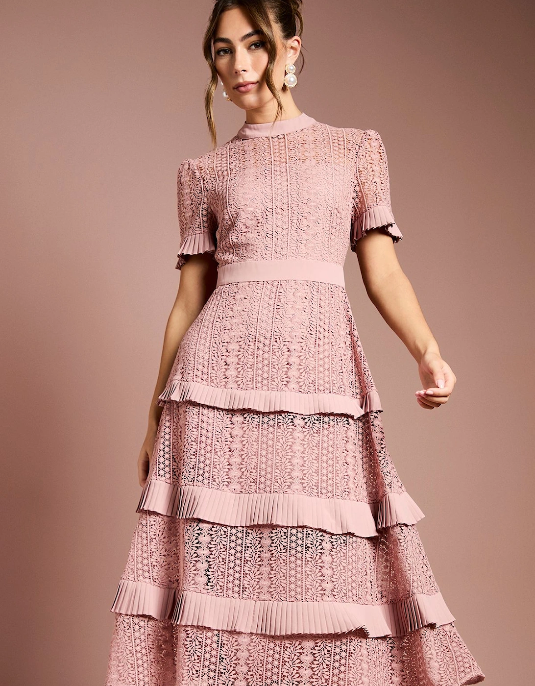 Tiered Lace Short Sleeve Midi Dress, 2 of 1