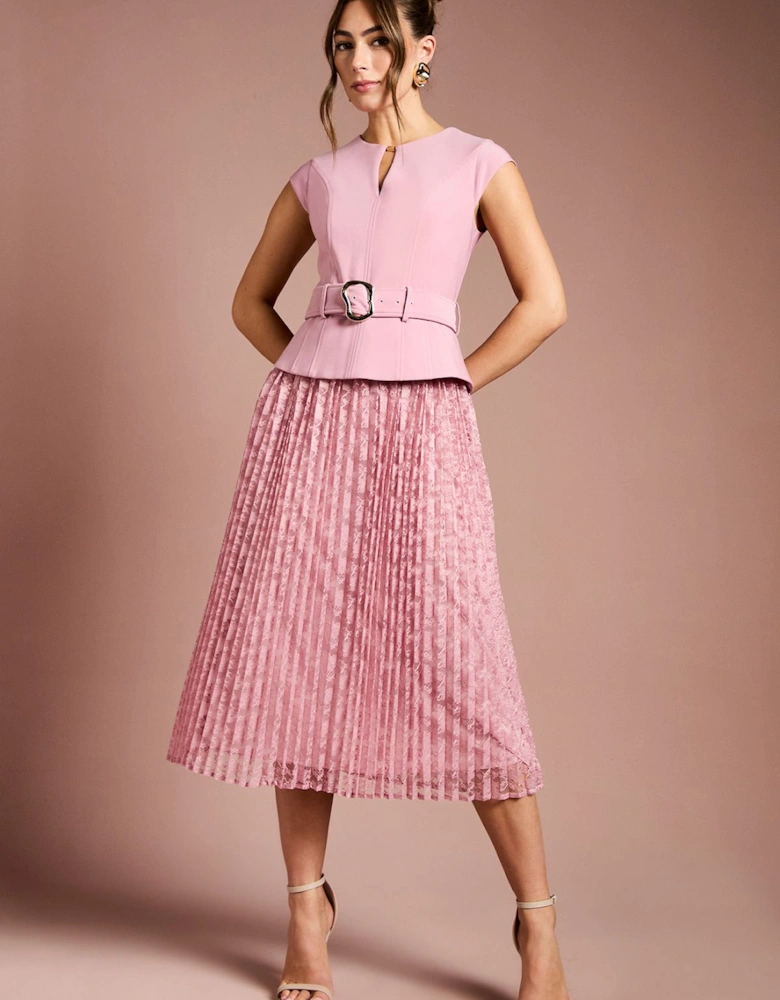 Crepe Bodice Belted Lace Pleated Midi Dress