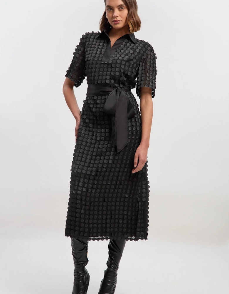 Textured Georgette With Satin Collared Shirt Midi Woven Dress