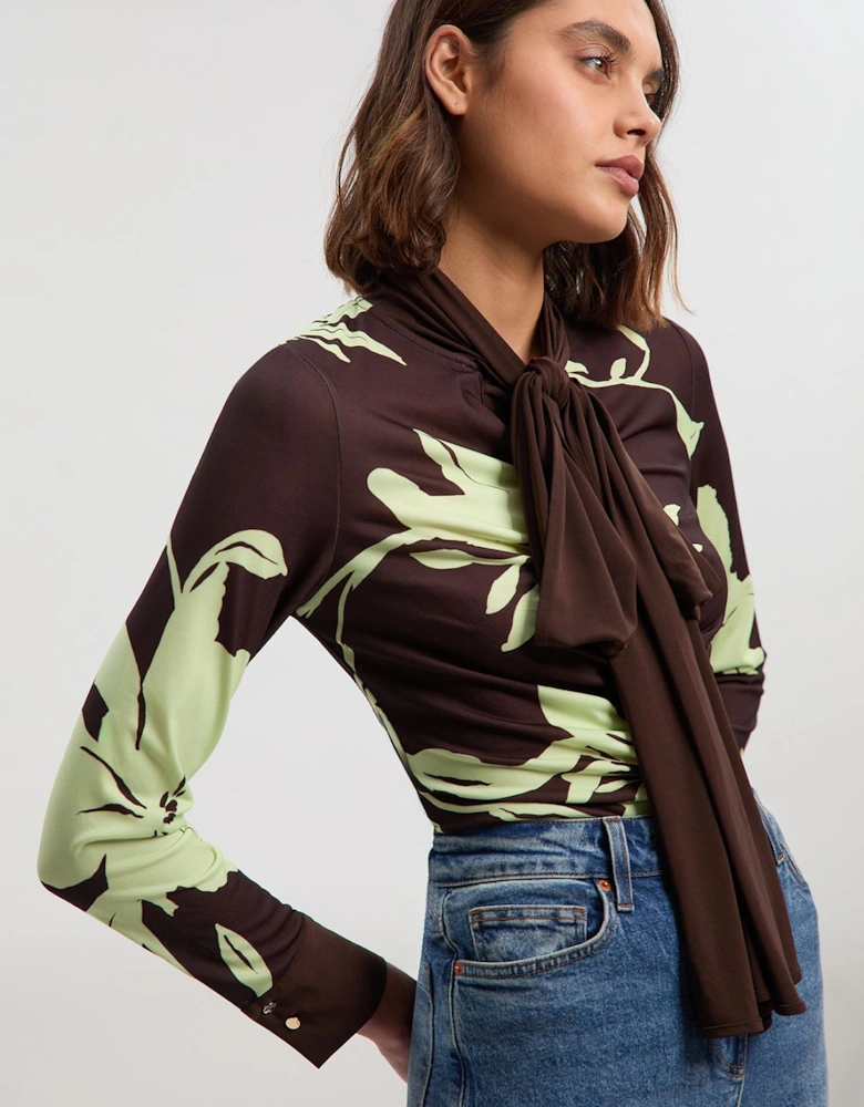 Floral Print Crepe Tie Neck Long Sleeve Top