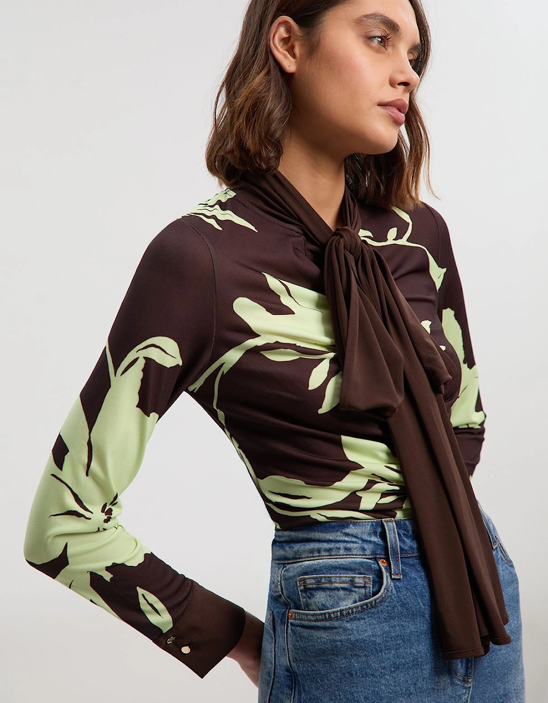 Floral Print Crepe Tie Neck Long Sleeve Top, 2 of 1