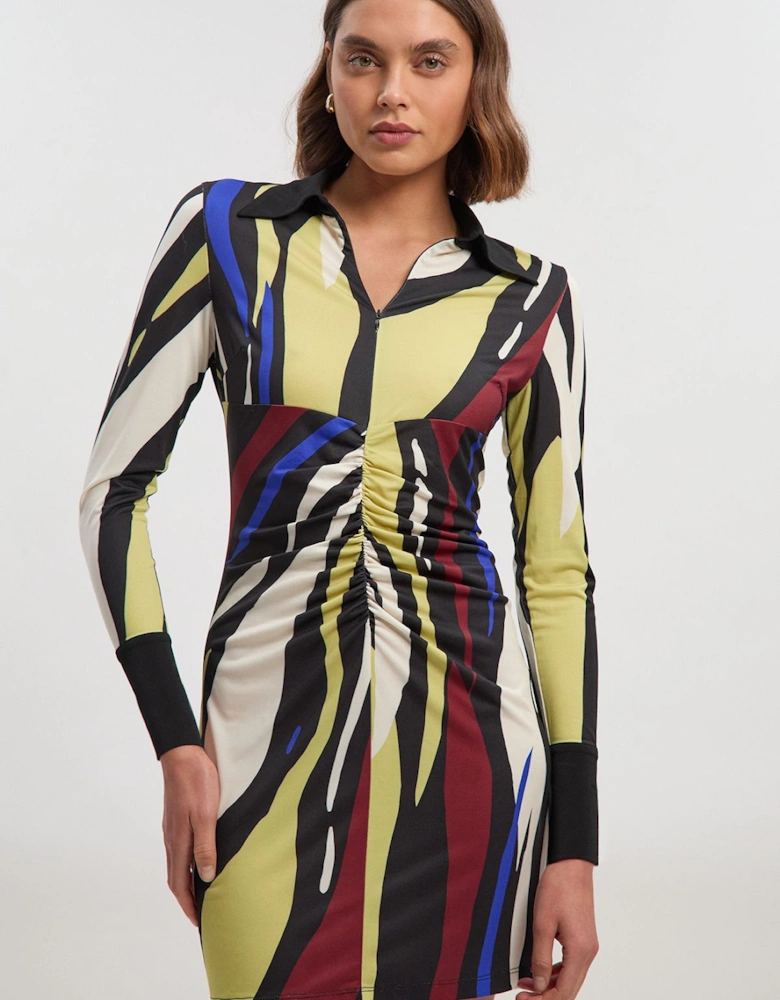 Abstract Zebra Print Ruched Detail Collared Mini Crepe Shirt Dress