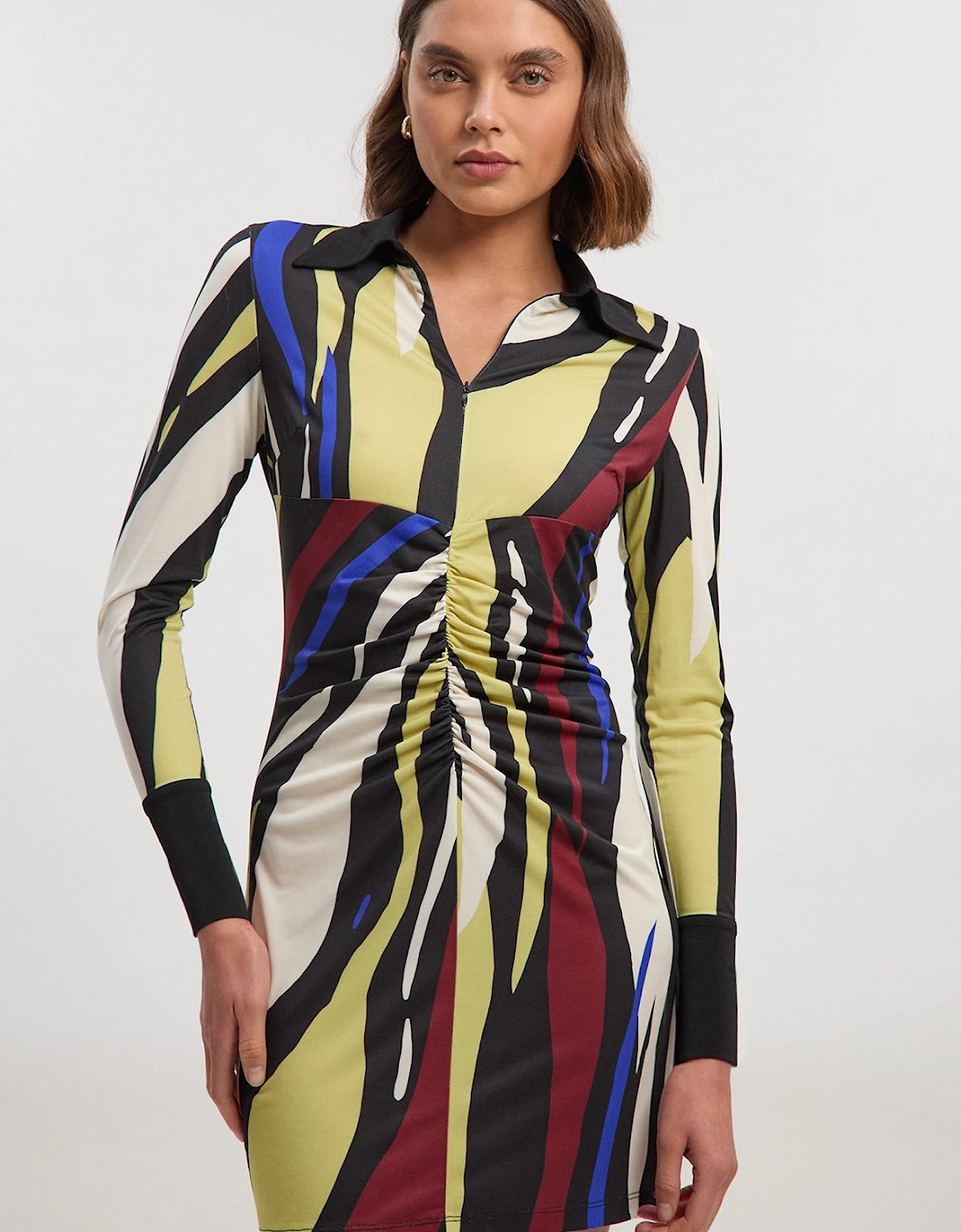 Abstract Zebra Print Ruched Detail Collared Mini Crepe Shirt Dress, 2 of 1