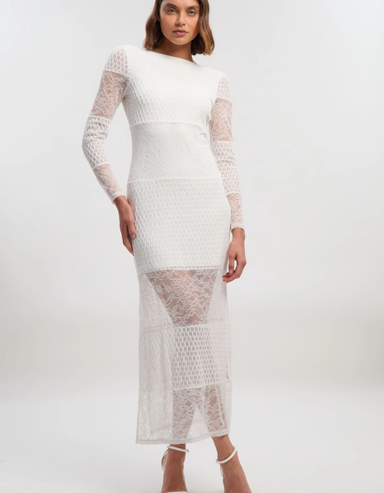 Lace Textured Low Back Long Sleeve Midi Dress