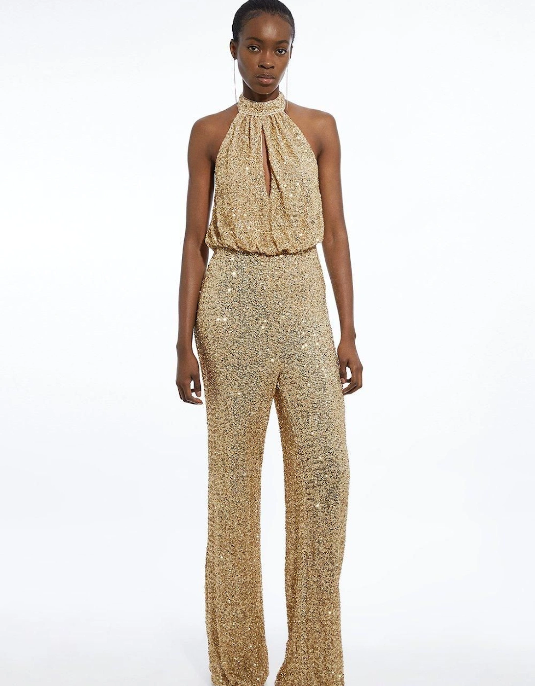 Tall Halter Jersey Stretch Sequin Wide Leg Jumpsuit, 2 of 1