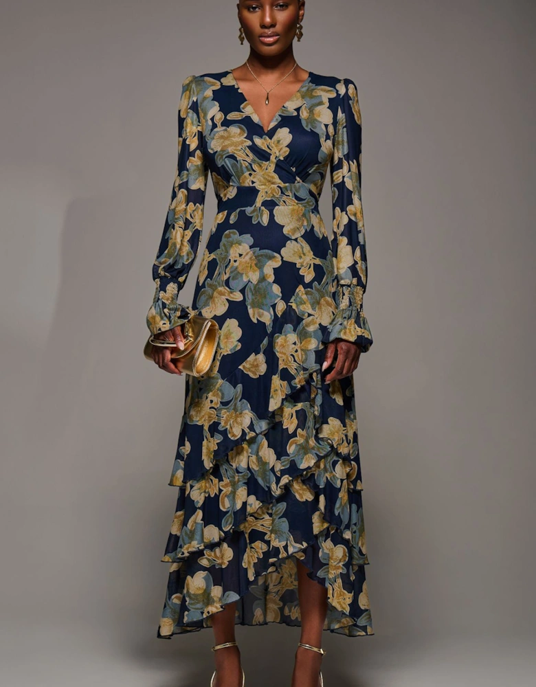 Long Sleeve Ruffle Hem Mesh Maxi Dress