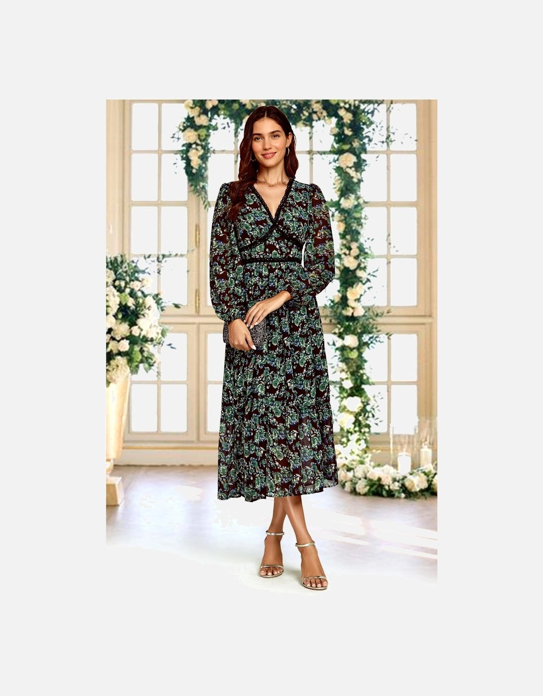 Floral Print Long Sleeve Midi Dress In Brown, 2 of 1