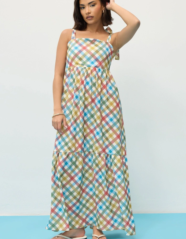 Petite Gingham Tie Shoulder Maxi Dress