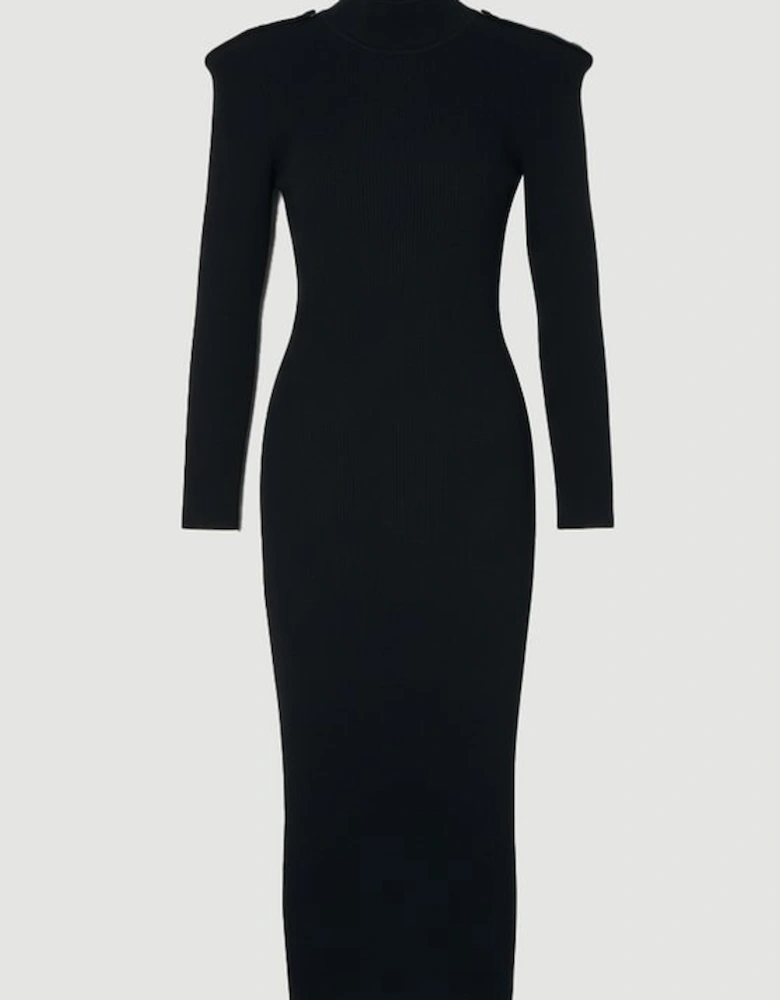 Viscose Blend Rib Knit Power Shoulder Long Sleeve Military Trim Maxi Dress