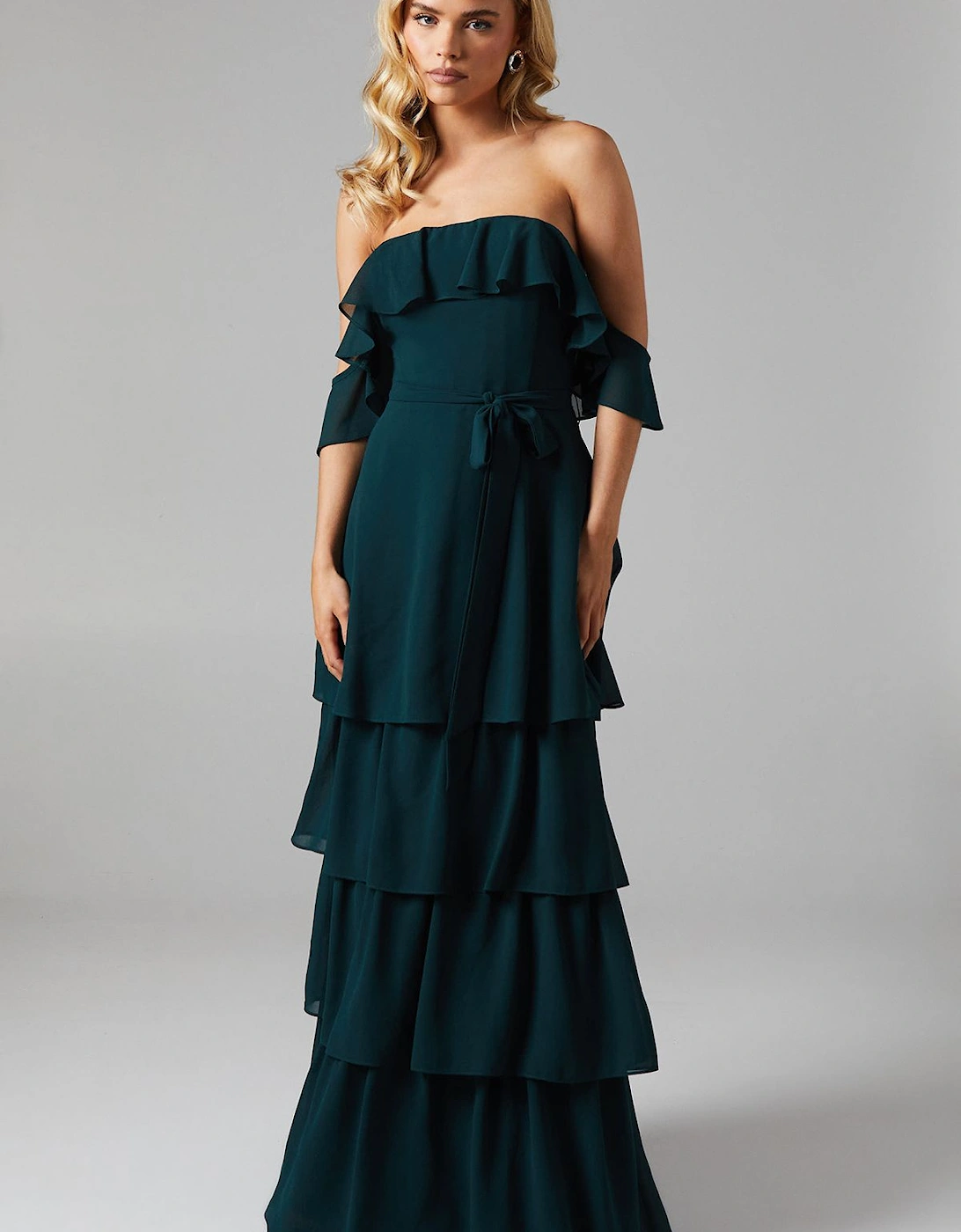 Petite Bardot Tiered Georgette With Tie Detail Bridesmaid Dress, 2 of 1