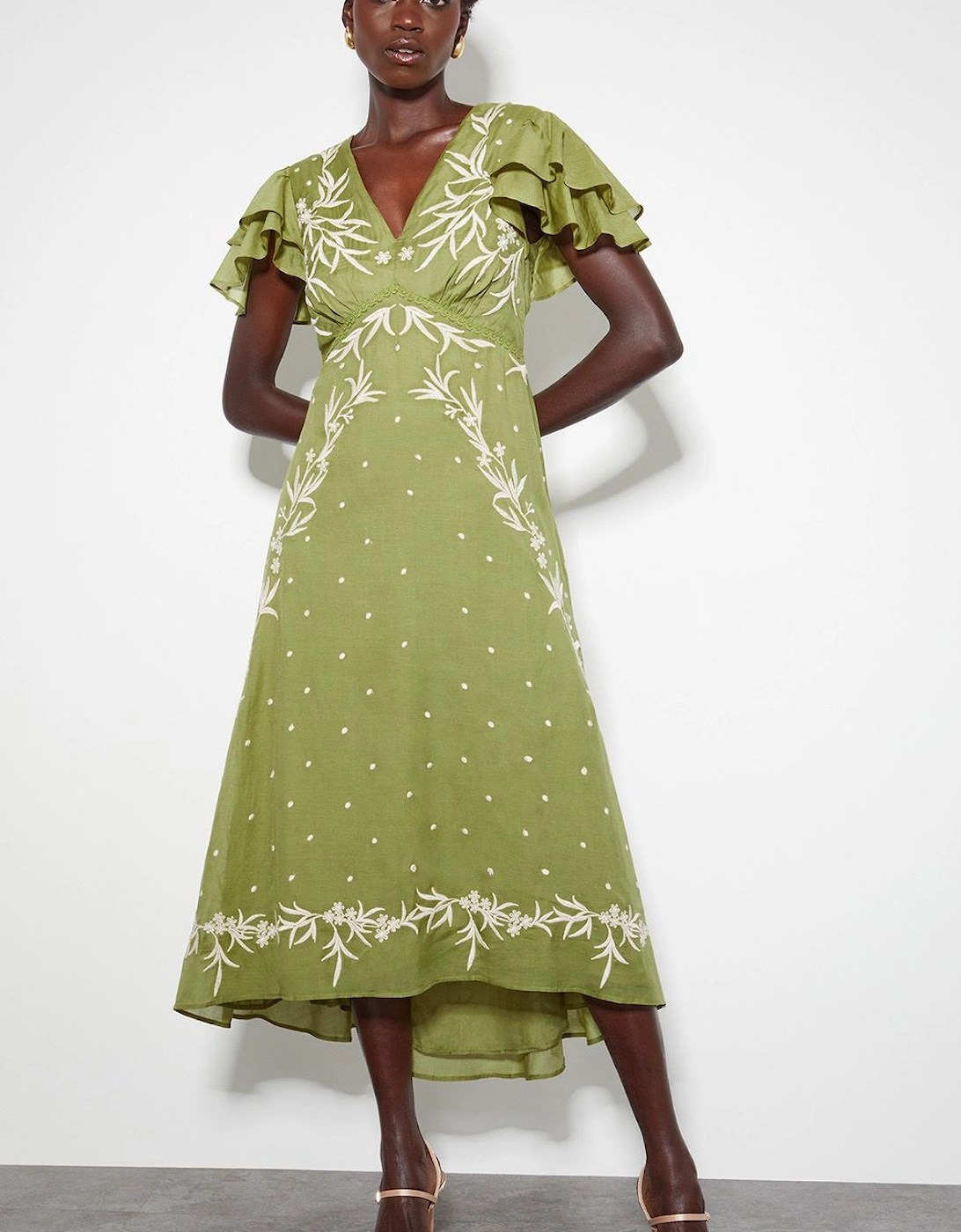 Arabella V-Neck Embroidered Midi Dress Green, 2 of 1