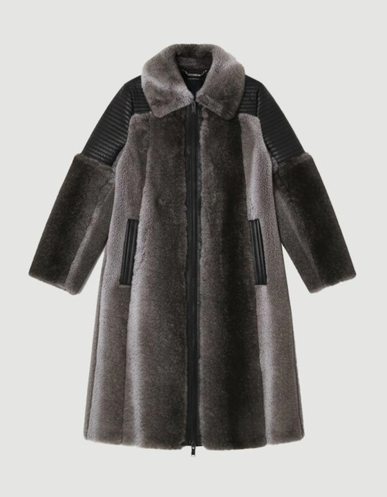 Faux Fur & Faux Leather Panelled Biker Belted Long Coat