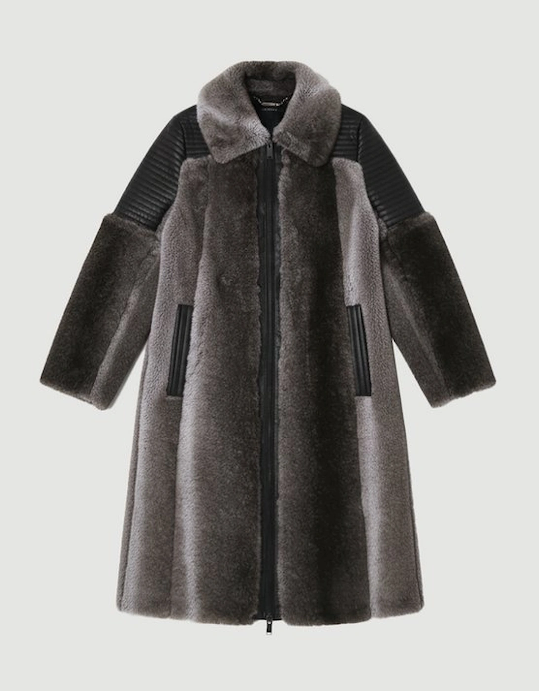 Faux Fur & Faux Leather Panelled Biker Belted Long Coat