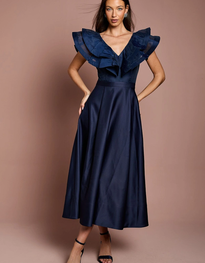 Volume Frill Shoulder Midi Dress