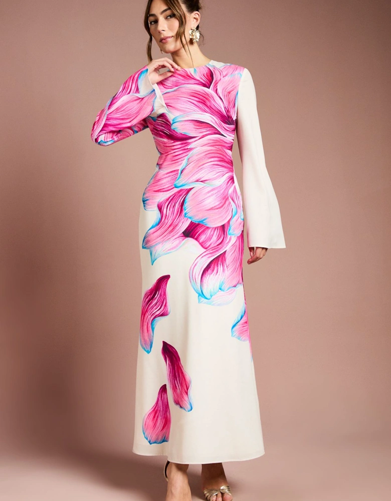 Flare Sleeve High Neck Satin Maxi Dress