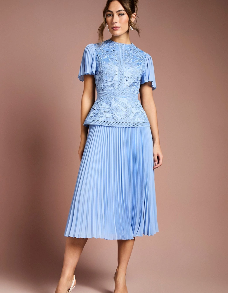 Short Sleeve Satin Lace Midi Dress