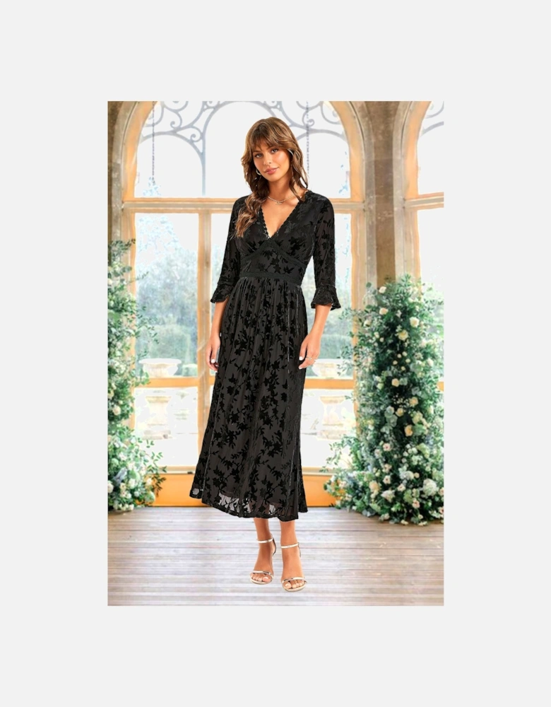 Floral Velvet Devore Lace Trim Neckline Midi Dress In Black